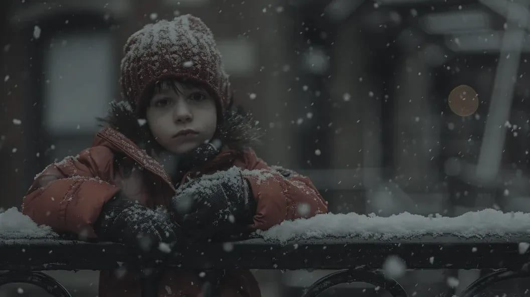 Un jeune enfant en manteau rouge, appuyé à la rambarde d’un balcon enneigé