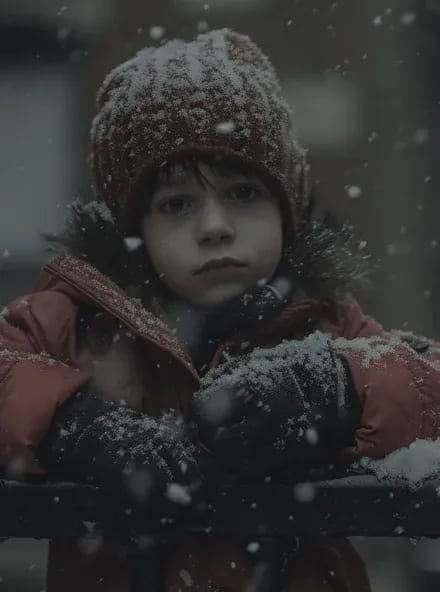 Un jeune enfant en manteau rouge et tuque tricotée, appuyé à la rampe enneigée d’un balcon, l’air songeur.